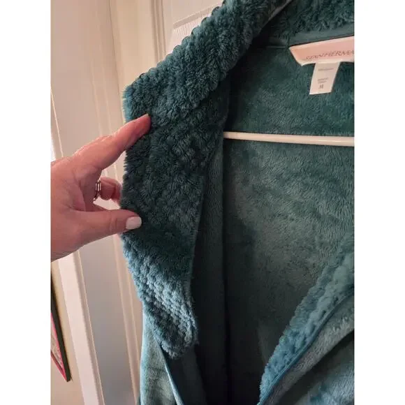 Stan Herman Medium Green Silky Shag Plush Tall Length Zip-Up Robe - Picture 7 of 7